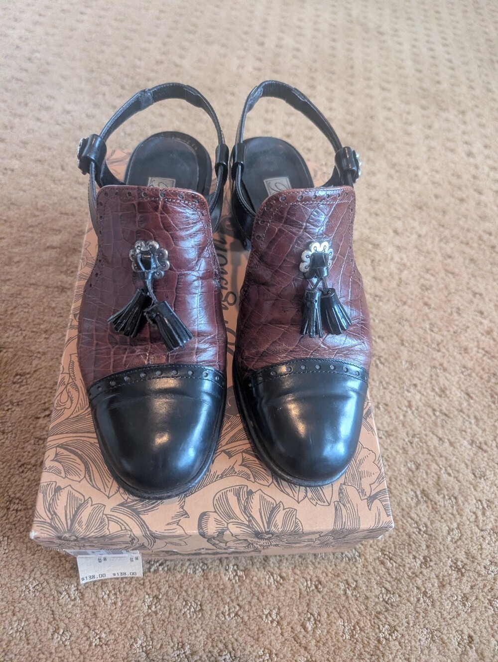Brighton Strap Mule Shoes Two Tone Brown Black Tassel Size 7.5